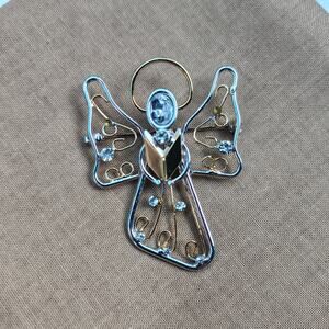 Singing Choir Angel Pin Brooch Silver and Gold Tone with Clear Rhinestones